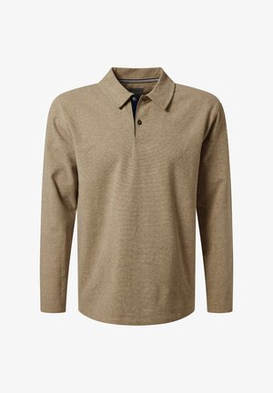 Beige Langarm-Polohemd mit Zwei-Knopf-Blende und Kragen, aus weichem Strickstoff, vor weißem Hintergrund präsentiert.