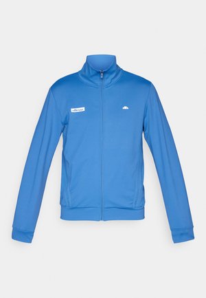 Blue zip-up jacket made of smooth fabric. Features a high collar, long sleeves, and a white brand logo on the chest. Simple design, no patterns.