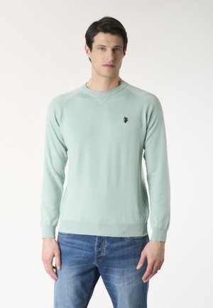 Uomo che indossa un maglione verde chiaro a maniche lunghe con scollo rotondo e jeans blu, in piedi davanti a uno sfondo chiaro e semplice.