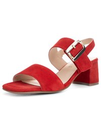 Red suede open-toe sandal with wide straps, silver buckle, slingback design, and chunky mid-height heel.