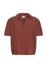 Blouse à manches courtes couleur rouille avec col et encolure en V, fabriquée dans un tissu léger légèrement texturé.