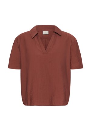 Blúzka s krátkymi rukávmi v farbe hrdze, s golierom a výstrihom do V, vyrobená z ľahkej, mierne štruktúrovanej látky.