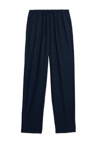 Námořnické modré, lehké lněné kalhoty s elastickým pasem a stahovací šňůrkou. Mají boční kapsy a rovný střih nohavic.