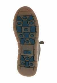 Light-colored shoe sole with textured rubber grip, featuring blue accents and circular patterns for traction. Identifiable tag with size 37.