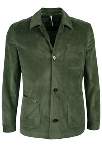 Oliwkowa kurtka z korduroju z wyraźnym kołnierzem, zapięciem na guziki, dwiema przednimi kieszeniami oraz jedną kieszenią na piersi z subtelną metką marki.