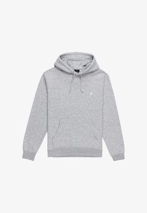 Felpa grigia in cotone con tasca frontale, cappuccio con cordino, polsini e orlo a costine, caratterizzata da un piccolo dettaglio con logo sul petto.