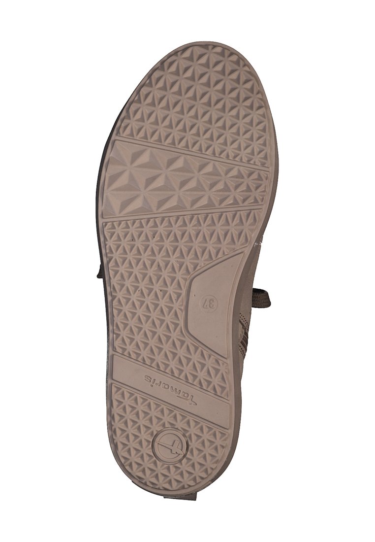 Hellbraune Gummisohle mit einem strukturierten geometrischen Muster und Markenlogo. Verfügt über ein flaches Design mit einer abgerundeten Zehenpartie. Größe 37 angegeben.