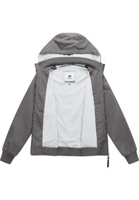Veste à capuche grise avec doublure intérieure douce gris clair, poignets et ourlet côtelés, et fermeture éclair frontale ouverte pour montrer l'intérieur.