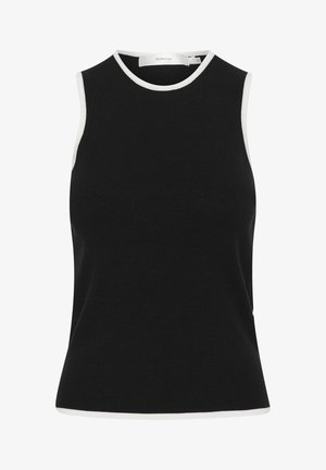 Melnas bez piedurknēm blūze ar apaļu kakla izgriezumu, ar baltu kontrasta apdari gar kaklu un rokām, izgatavota no ribota auduma.