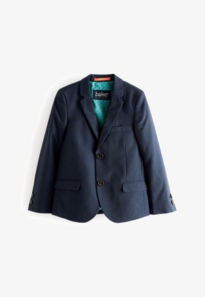 Marineblå skræddersyet blazer med to knapper, udskårne revers og to forlommer. Fôret med et teal geometrisk mønster. Glat stofstruktur.