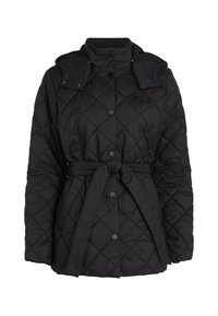 Veste matelassée noire avec une taille ceinturée, col haut, fermetures à pression et pattes d'épaule. Elle présente un motif en losanges et des poches latérales.