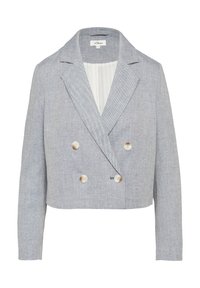 Kort double-breasted blazer in lichtblauw en wit textuurstof. Het heeft gespreide revers en twee grote crème-kleurige knopen.