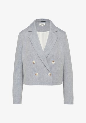 Skórzana marynarka o podwójnym zapięciu w jasno-niebieskim i białym teksturowanym materiale. Posiada klapy z wycięciem oraz dwa duże guziki w kolorze kremowym.