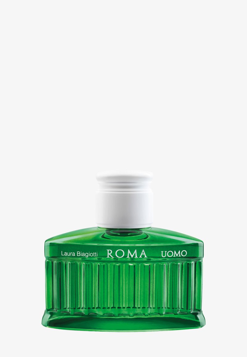 Grüne rechteckige Glasflasche mit vertikalen Rillen, weißem Deckel, beschriftet mit "Laura Biagiotti ROMA UOMO" für Herrendüfte.