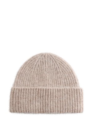 Beige Rippsstrick-Mütze mit weicher Textur und umgeschlagenem Bündchen. Hergestellt aus einer Wollmischung für Wärme und Komfort.