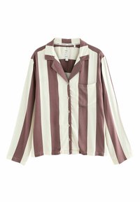 Chemise à manches longues boutonnée avec de larges rayures verticales crème et mauve, avec une poche poitrine et un col décontracté.