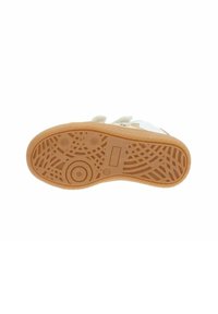 Suola di sneaker di colore chiaro con un design testurizzato e a motivi. Presenta accenti circolari e una costruzione in materiali misti.