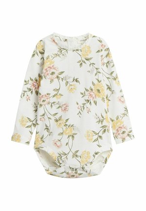 Langärmliger Body aus weicher Baumwolle mit weißem Hintergrund, der ein florales Muster in rosa und gelben Farbtönen aufweist, sowie Druckknöpfe im unteren Bereich.
