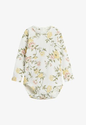 Langärmliger Body aus weicher Baumwolle mit weißem Hintergrund, der ein florales Muster in rosa und gelben Farbtönen aufweist, sowie Druckknöpfe im unteren Bereich.