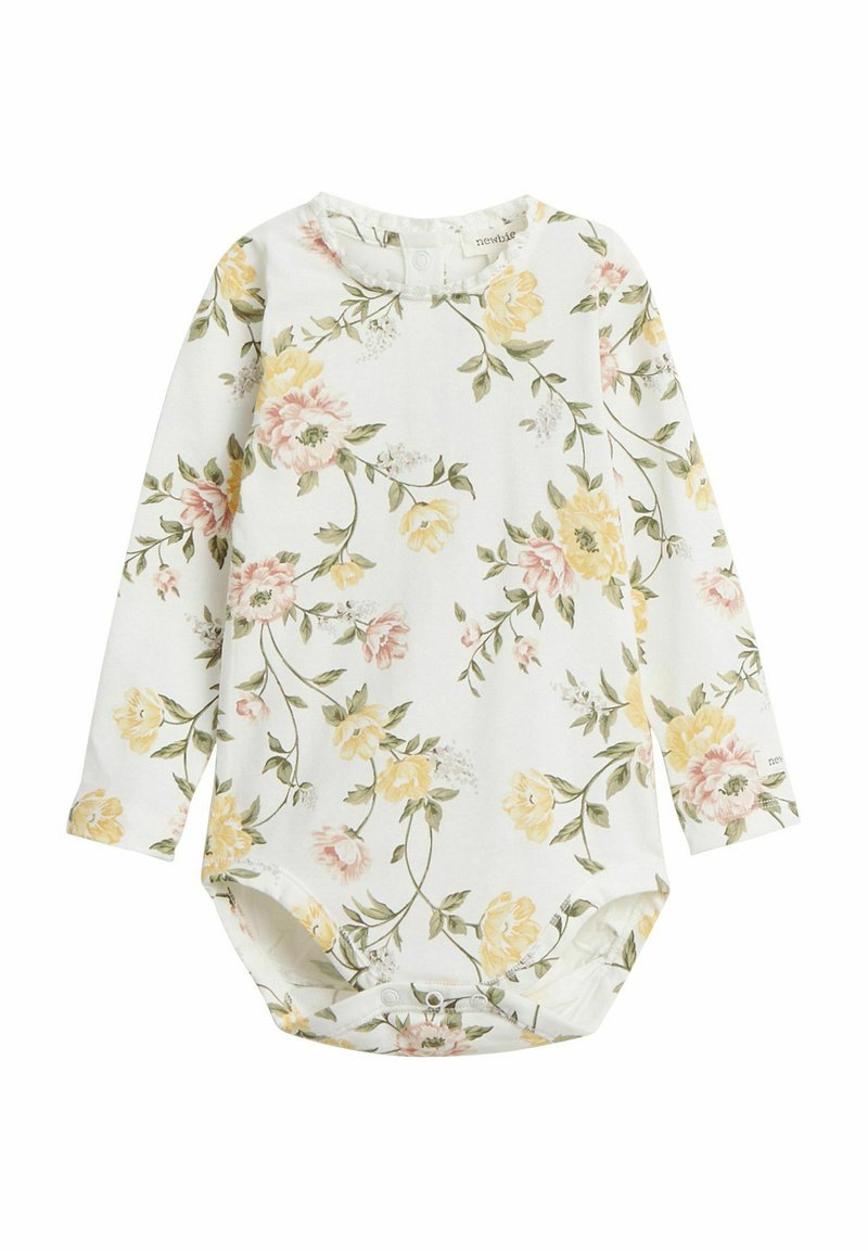 Helfördelad bodysuit i mjuk bomull med vit bakgrund, prydd med ett blommigt mönster i rosa och gula nyanser, samt tryckknappar i botten.