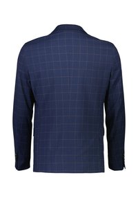 Laivastonsininen bleiseri, jossa ohut punainen ruutukuvio, pitkät hihat, napilliset kalvosimet, esitetty takaa valkoisella taustalla.