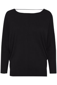 Suéter negro de manga larga y corte holgado con puños y dobladillo acanalados, con un escote amplio y una costura vertical en el centro delantero.