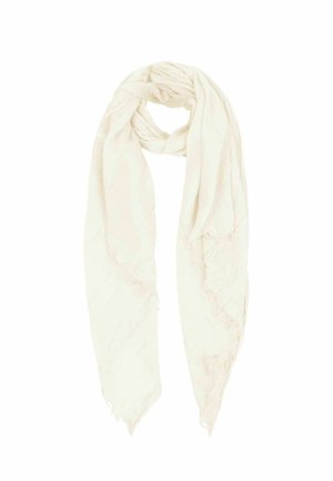 Langer, leichter cremefarbener Schal mit feiner Textur und Fransen an den Kanten, oben locker geschlungen vor weißem Hintergrund.