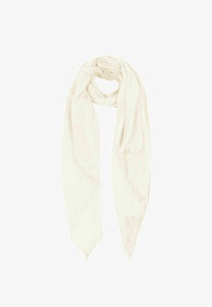Long, lightweight cream scarf with subtle texture and fringed edges, loosely looped at the top against a white background.