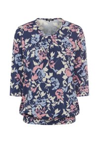 Marineblaue Bluse mit floralen Mustern, die einen runden Ausschnitt, Dreiviertelärmel und eine geraffte Detailansicht auf der Vorderseite aufweist. Akzente in Pink und Hellblau.