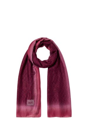 Sciarpa lunga color bordeaux con un motivo geometrico sottile e una piccola etichetta rettangolare vicino a un'estremità, mostrata su sfondo bianco.