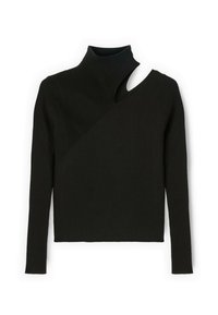 Černý žebrovaný svetr s vysokým límcem, asymetrickým střihem a jedním dlouhým rukávem. Disponuje texturovaným designem a kontrastními hladkými částmi.