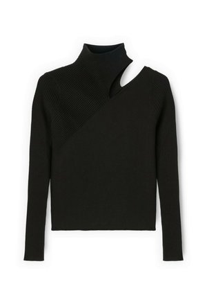 Maglione nero a coste con colletto alto, taglio asimmetrico e una manica lunga. Presenta un design testurizzato e sezioni lisce a contrasto.