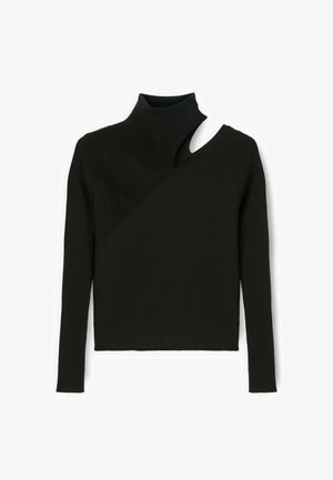 Suéter negro de canalé con cuello alto, corte asimétrico y una manga larga. Presenta un diseño texturizado y secciones lisas en contraste.