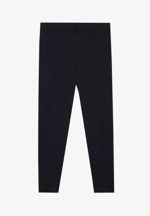 Leggings negros hechos de un material de algodón elástico, con una textura suave, diseño ajustado y una cinturilla elástica sin costuras visibles.