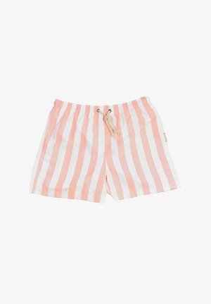 Striped swim shorts in pink and white, featuring an elastic waistband, drawstring closure, and side pockets. Lightweight fabric.