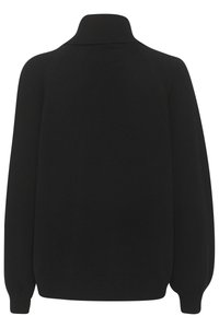 Pulover negru tricotat cu guler înalt, mâneci raglan și manșete și tiv ribbed. Textură moale și culoare solidă, fără modele sau accente.