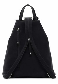 Black backpack with a triangular shape, made of textured fabric. Features silver-tone zippers and a top handle for carrying.