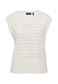 Weißes T-Shirt mit kurzen Ärmeln aus weichem Baumwollmaterial, verziert mit dekorativem silbernen Text und Linien. Einfacher, lässiger Schnitt mit rundem Ausschnitt.