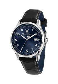 Orologio Maserati con cassa in acciaio inox argento, quadrante blu, marker delle ore argentati, cinturino in pelle nera e finestra della data alle 3.