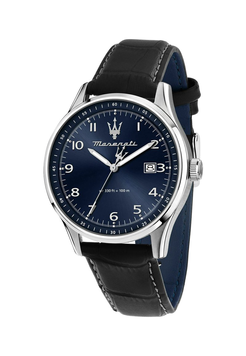 Orologio Maserati con cassa in acciaio inox argento, quadrante blu, marker delle ore argentati, cinturino in pelle nera e finestra della data alle 3.