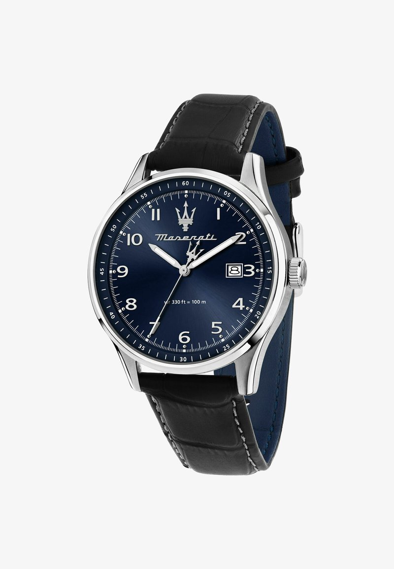 Orologio Maserati con cassa in acciaio inox argento, quadrante blu, marker delle ore argentati, cinturino in pelle nera e finestra della data alle 3.