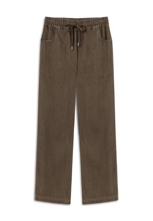 Braune weite Hosen aus einem strukturierten Stoff, mit einem elastischen Taillenbund und einem Kordelzug sowie zwei vorderen Taschen.