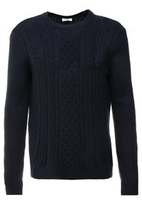 Marineblauer Wollpullover mit strukturiertem Kabelstrickdesign, Rundhalsausschnitt und langen Ärmeln, tailliertem Schnitt und gerippten Bündchen.