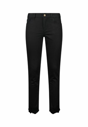 Un pantalon noir slim dispose d'une fermeture à bouton, de poches avant et d'une finition en dentelle florale au niveau des ourlets pour plus de détails.