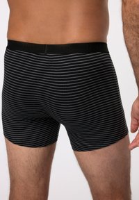 Pruhované černé a šedé boxerky s černým elastickým pasem, na kterém je nápis "JP1880." Materiál vypadá měkký s hladkou strukturou.