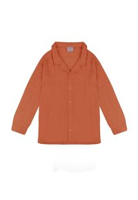 Langärmliges Hemd in verbranntem Orange mit einem Reverskragen, aus leichtem strukturiertem Stoff gefertigt.