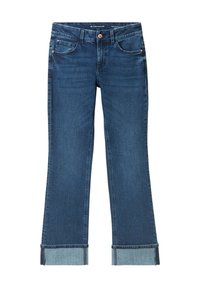 Jeans de mezclilla en azul oscuro con corte recto y ligero acampanado en la parte inferior. Presentan dobladillos con puños en un tono azul más claro.