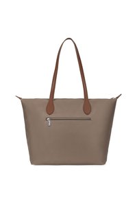 Szara torba na ramię z dwoma brązowymi skórzanymi uchwytami, z zamkiem błyskawicznym na górze i przednią kieszenią z srebrnym zamkiem. Wykonana z trwałego materiału.