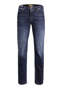 Jeans din denim de culoare albastră închisă, cu croială dreaptă, având buzunare frontale, închidere cu buton și fermoar și o ușoară decolorare pe coapse.
