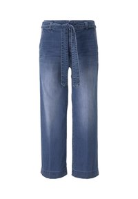 Blå denimbyxor med vida ben och dragsko i midjan, med två sidfickor, en något urblekt finish och rullade fållar.